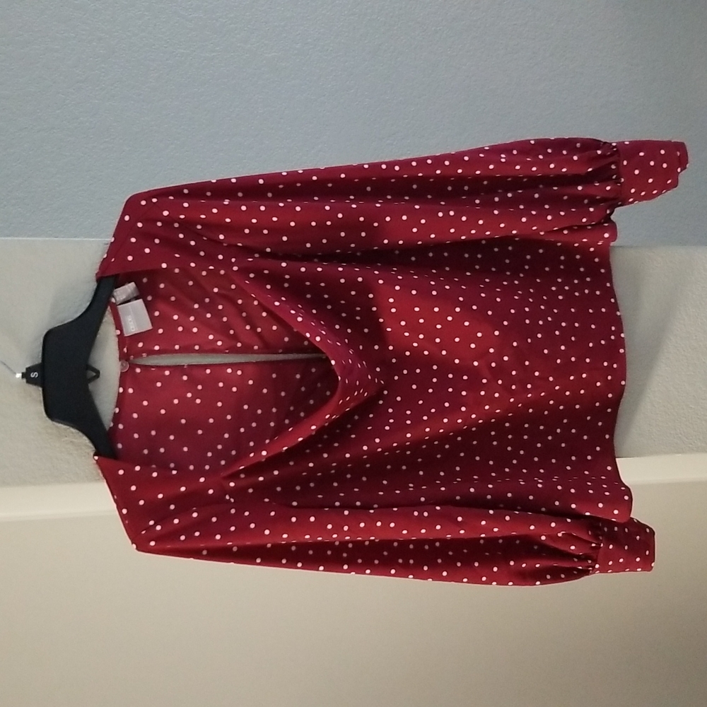 Asos Cowl Neck Keyhole Back Long Sleeve Burgundy Polka Dot Blouse Size 6